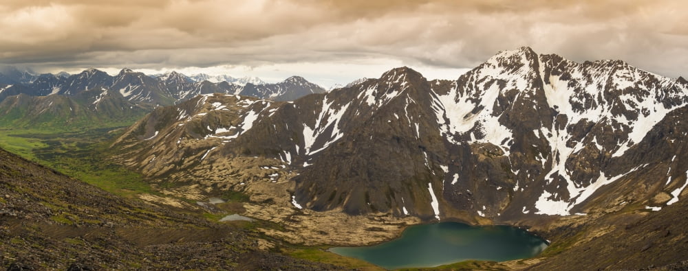 A panoramic view of Skip Lake and valley from Ship Pass in the Chugach State Park near Anchorage Southcentral Alaska summer Canvas Art - Michael Jones Design Pics (24 x 9)