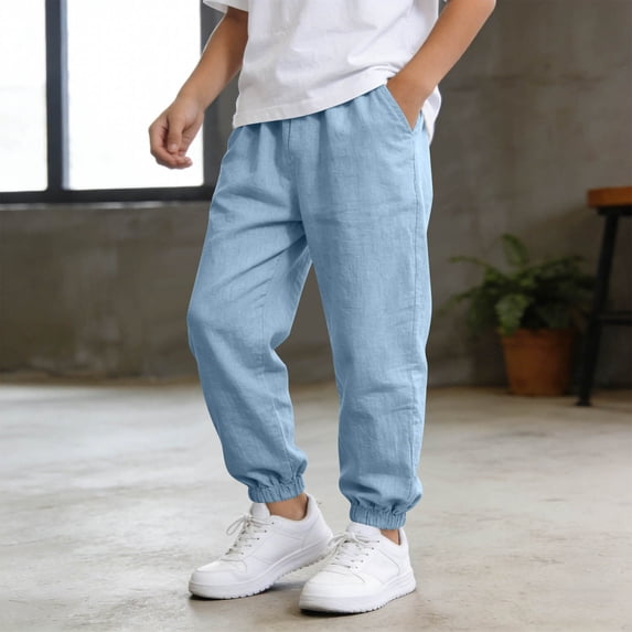 pantalones para niños Boys Cotton Linen Pants Summer Casual Elastic Waist Drawstring Beach Yoga Trousers with Pockets Uniform Pants 5-14Y