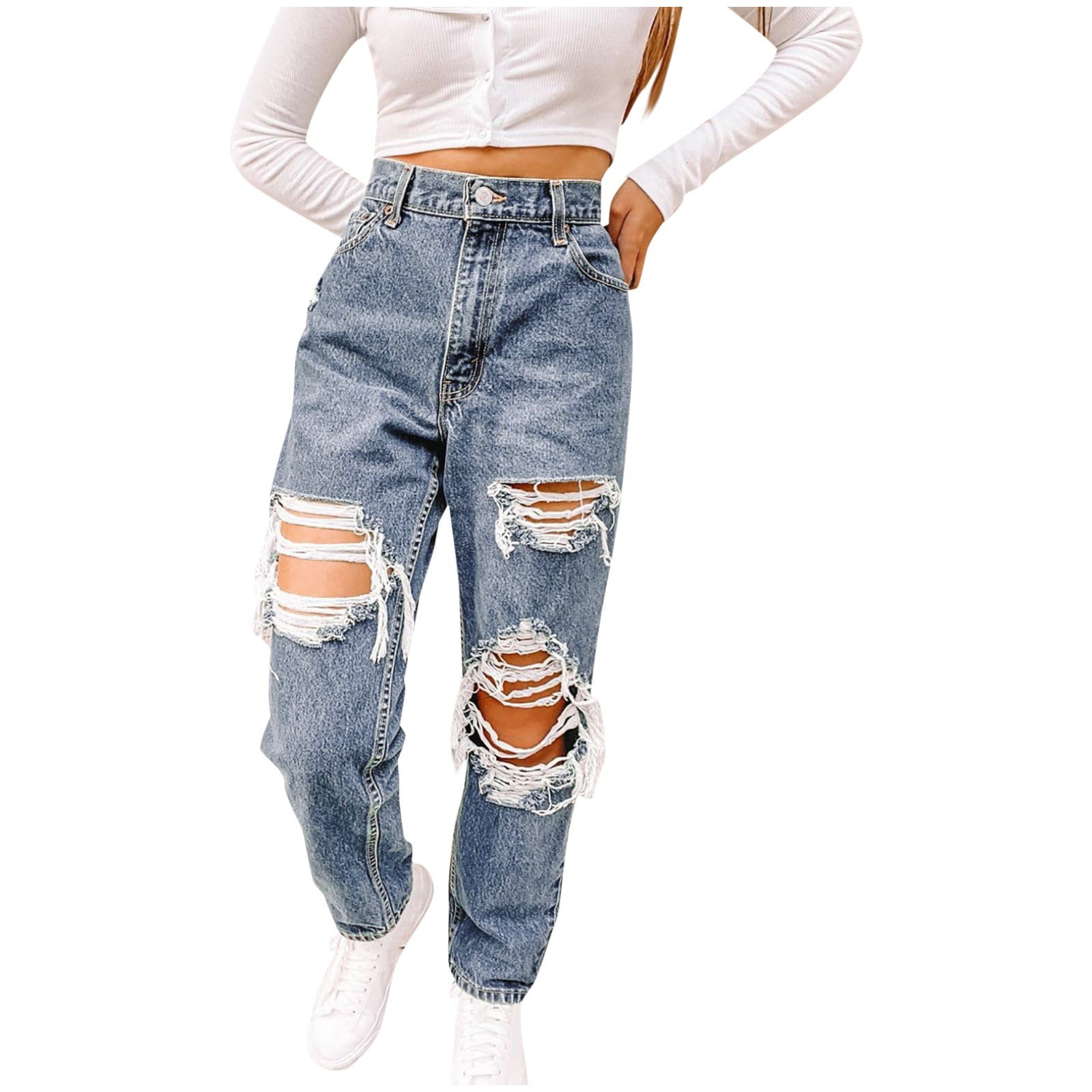 pants for women high waisted baggy ripped jeans fashion large denim pocket  elastic jeans 