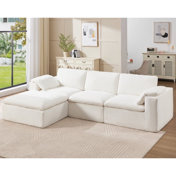 papajet 130" Modular Cloud Sectional Sofa with Deep Chaise, White Chenille