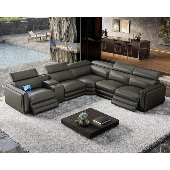 papajet 130" Power Reclining Sofa, Dark Gray Leather, Bluetooth Speakers