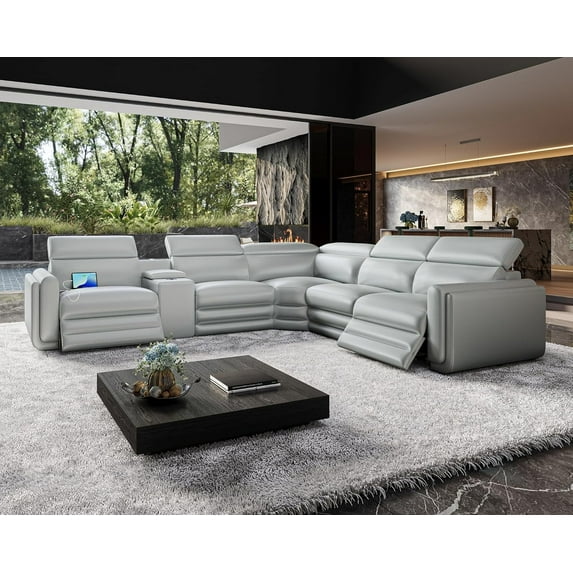 papajet 130" Power Reclining Sofa, Light Gray Leather, Bluetooth Speakers
