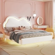 Papajet Queen White Floating Bed Frame with LED Light Up Headboard, Leather Upholstered Platform Bed, Wood Slats Support and Easy Assembly