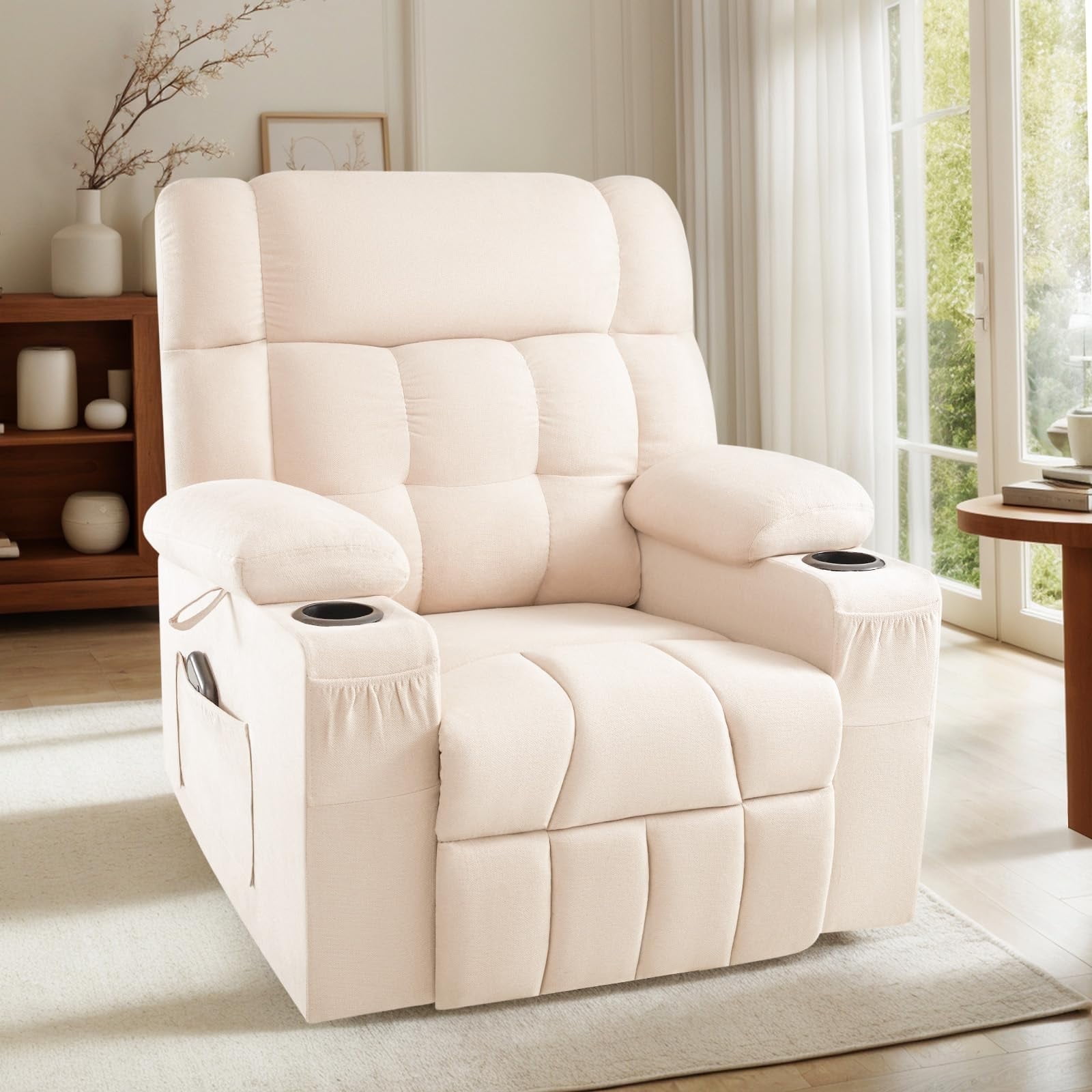 Papajet Manual Recliner Chair for Adults,Classic Overstuffed Reclining Chair for Living Room with Cup Holders,Side Pockets,Beige