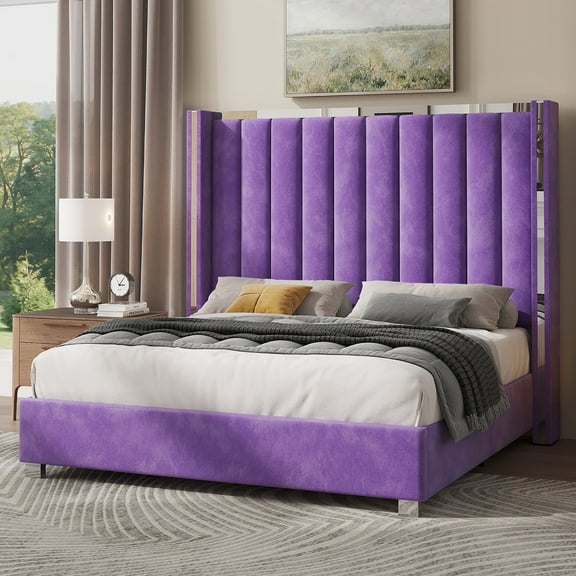 Papajet Queen Bed Frame with 58" Tall Headboard, Velvet Upholstered Platform bed with Channel Tufted Wingback Headboard and Plating Trim, Purple