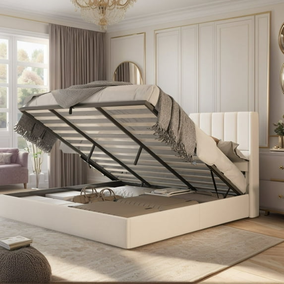 Papajet Queen Size Lift Up Storage Bed, Linen Upholstered with Vertical Channel Tufted Headboard and Wingback, Hydraulic System, White