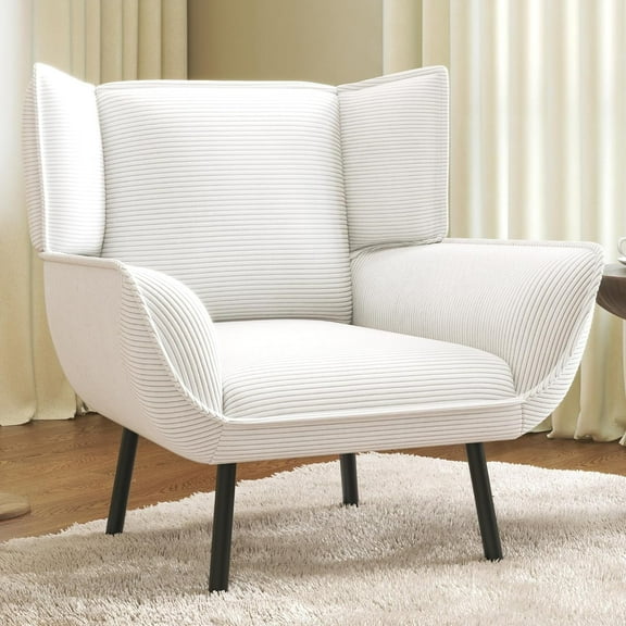 papajet Upholstered Living Room Chair with High Wingback, White Comfy Corduroy Chair