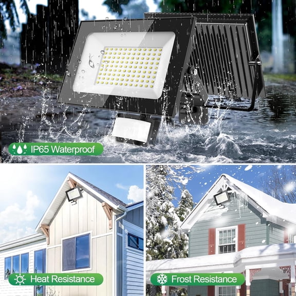 papasbox 2 Pack 100w Led Motion Sensor Flood Light - 10000lm 6500k Daylight Whie Ultra Thin Security Lights Outdoor with Remote Control and Plug IP65 Waterproof Floodlight for Work Garage House Porch