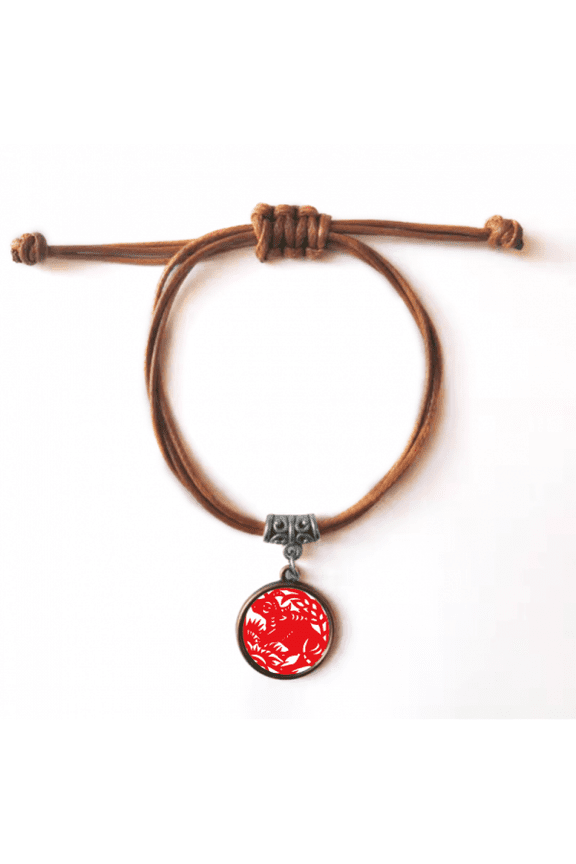 paper-cut ox animal china zodiac bracelet leather hide wristband brown jewelry