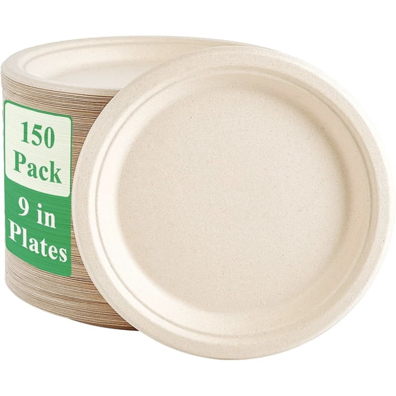 Behome 150 Pack 100% Compostable Paper Plates, 9" Heavy Duty Disposable Paper Plates, Eco-Friendly Sugarcane Fibers, Natural Unbleached Brown Dessert Plates for Party BBQ