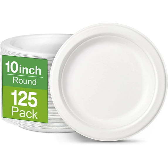 BN-LINK 125 Pack Disposable Paper Plates, 10’’ 100% Compostable Heavy Duty Plates, Eco-Friendly Biodegradable Sugarcane Fibers, for Parties, Picnics, BBQs, White