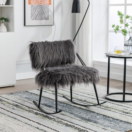 paproos 25.2'' Wide Faux Fur Plush Nursery Rocking Chair, Baby Nursing Chair with Metal Rocker, Fluffy Upholstered Glider Chair, Comfy Mid Century Modern Chair for Living Room, Bedroom, Gray