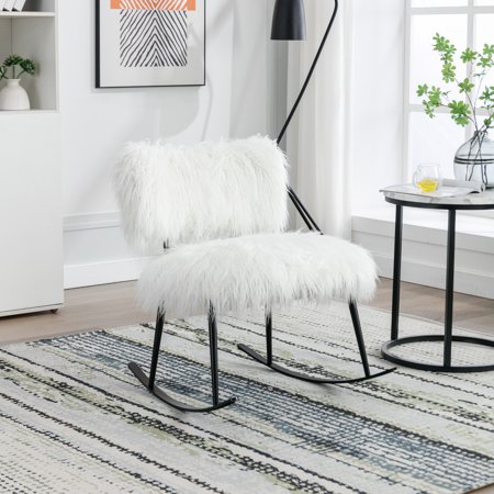 paproos 25.2'' Wide Faux Fur Plush Nursery Rocking Chair, Baby Nursing Chair with Metal Rocker, Fluffy Upholstered Glider Chair, Comfy Mid Century Modern Chair for Living Room, Bedroom, White
