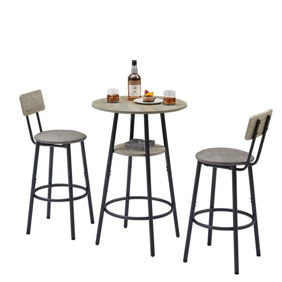 PAPROOS Bar Table Set of 3, 3-Piece Counter Heigh Dining Table and PU Upholstery Chais Set for Kitchen Patio Breakfast Nook, Round Pub Bistro Table and Bar Stools with Backrest, Rustic Gray