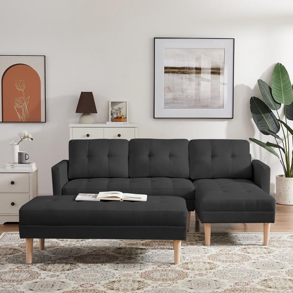 paproos 3-Seat L-Shape Sectional Sofa Couch Set, Fabric Right Facing Sectional Sofa Bed with Ottoman Bench, Black