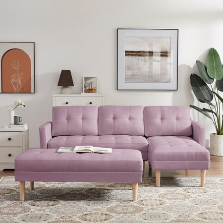 paproos 3-Seat L-Shape Sectional Sofa Couch Set, Fabric Right Facing Sectional Sofa Bed with Ottoman Bench, Pink