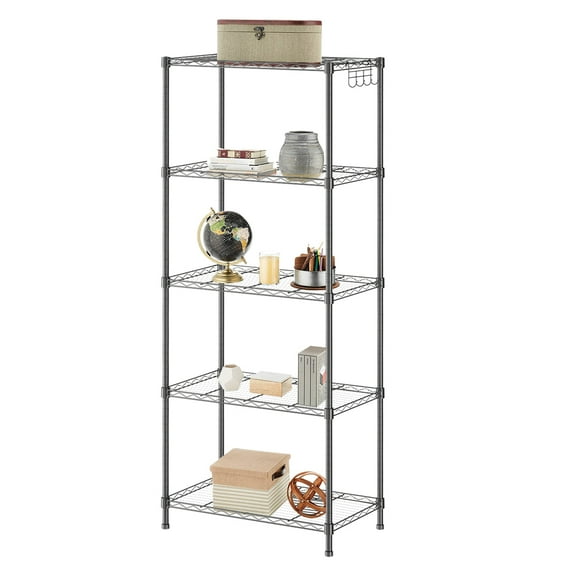 paproos 5 Tier Metal Storage Shelves, Kitchen Storage Shelf with Hooks,Metal Storage Shelves Unit Perfect for Laundry Bathroom Closet Shelves Microwave Stand (Black)