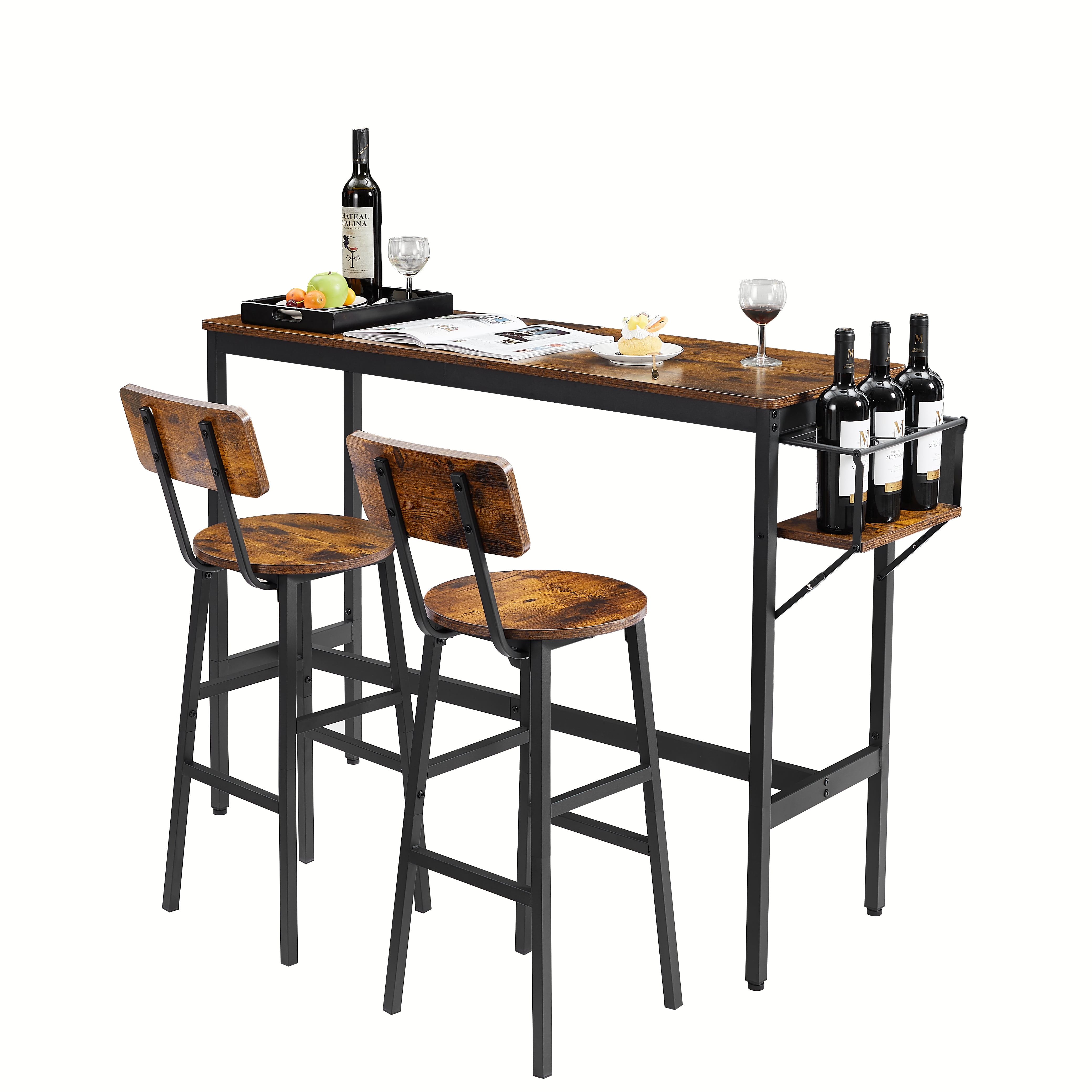 Rustic Brown Industrial Pub Table Set with Iron Frame and Collapsible Bottle Holder