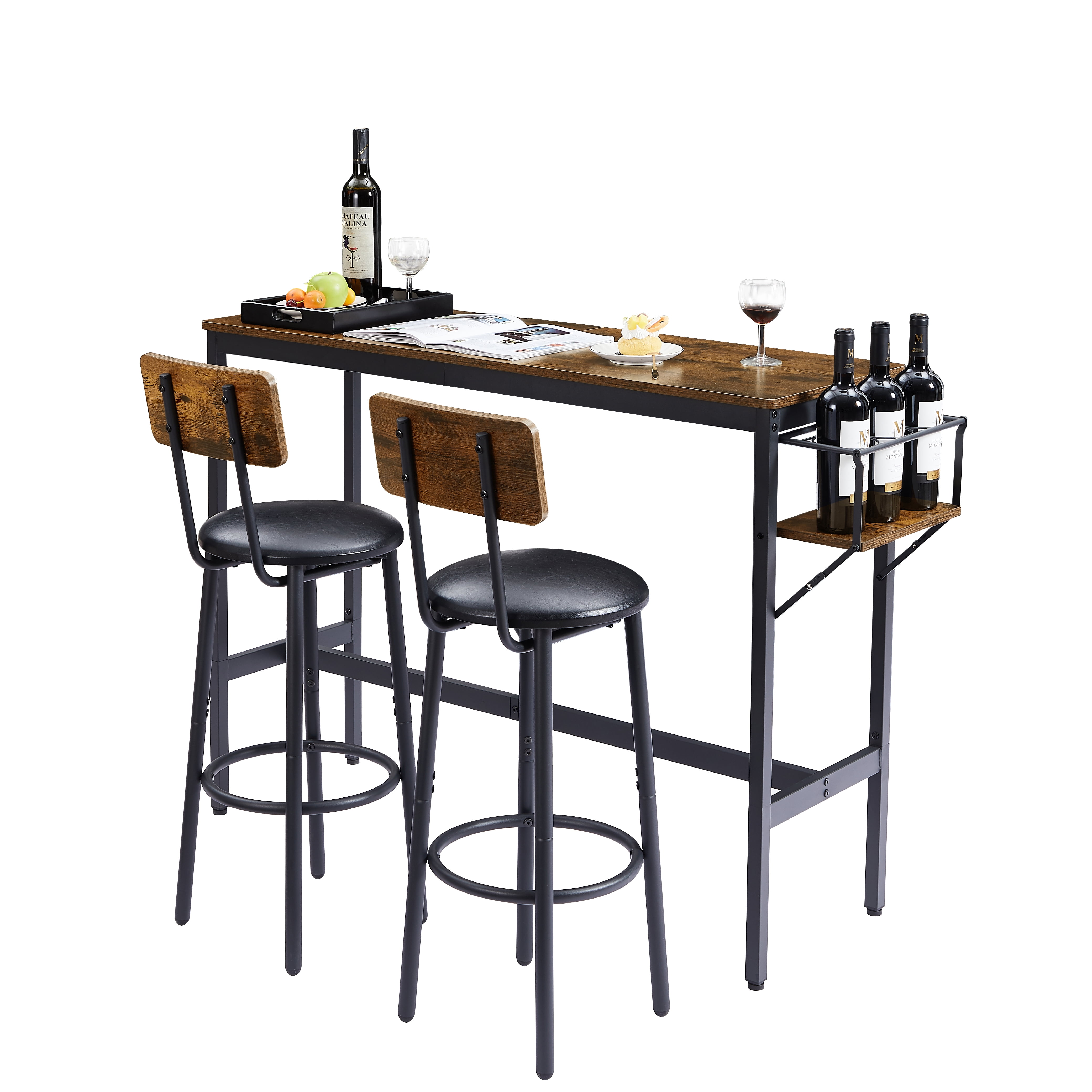 Rustic Brown Industrial Pub Table Set with Iron Frame and Collapsible Bottle Holder