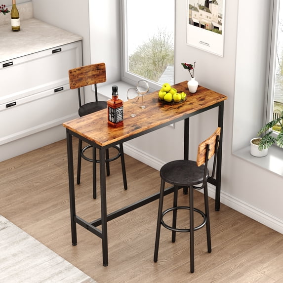 PAPROOS Bar Table Set of 3, 3-Piece Counter Heigh Dining Table and PU Upholstery Chais Set for Kitchen Patio Breakfast Nook, Industrial Pub Bistro Table and Bar Stools with Backrest, Brown