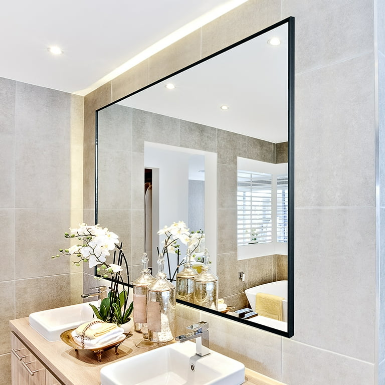 paproos Black Bathroom Mirror 36 x 24 Inch Large Bathroom Mirror Black Rectangle Mirror with Aluminum Frame Modern Wall Mounted Vanity Mirror Hangs