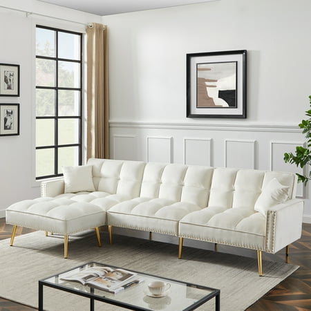 paproos Convertible Futon Sofa Bed, 107-inch Modern Tufted Velvet Sleeper Sofa Couch Oversized Loveseat Sofa w/3 Adjustable Positions, Sofa Bed with 12 Metal Legs for Living Room Bedroom Office, White