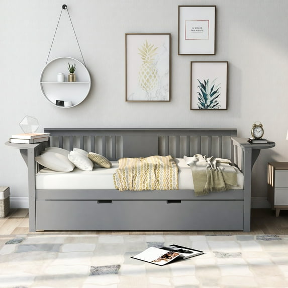 paproos Daybed with Trundle Included, Twin Size Wood Daybed Frame with Trundle Bed and Foldable Shelves on Both Sides, Modern Twin Daybed Heavy Duty Sofa Bed for Bedroom Living Room, Gray