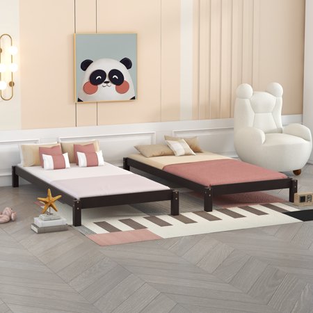 paproos Double Twin Bed Frame, Twin Size Solid Wood Platform Bed, Low Profile 2 Stackable Bed for Kids' Room Guest Room, L-Shaped Corner Floor Bed, No Box Spring Needed, Two Beds Set, Espresso