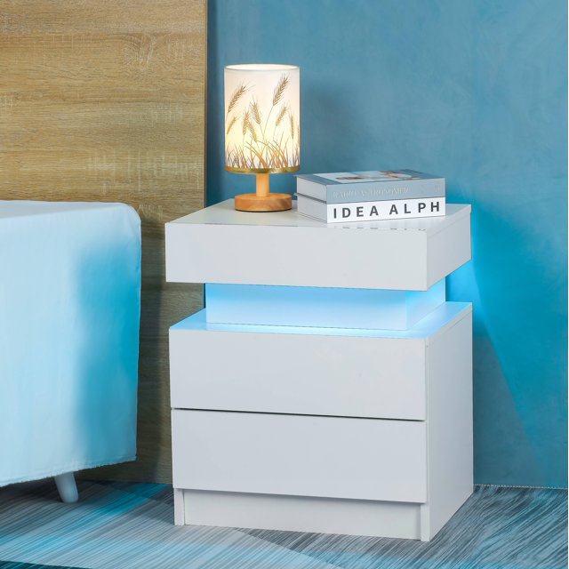 paproos End Table with LED Lights, Storage Table with 2 Drawers, White