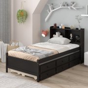 paproos Espresso Twin Size Bed Frame with Trundle Included, Wood Platform Bed with Bookcase Headboard and 3 Storage Drawers, Space Saving, Twin Bed Frame for Kids Teens Adult, No Box Spring Needed