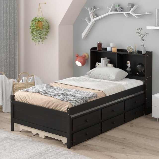 paproos Espresso Twin Size Bed Frame with Trundle Included, Wood
