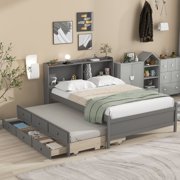 paproos Full Bed Frame with Bookcase, Full Size Trundle and 3 Storage Drawers, Modern Wood Platform Bed with Headboard, No Box Spring Needed, Space Saving Bed Frame for Kids Teens Adults, Gray