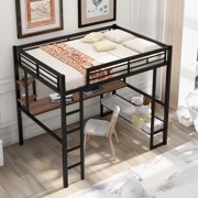 paproos Full Size Loft Bed, Metal Loft Bed Frame with Long Desk and Storage Shelves, No Box Spring Needed, Full Loft Bed with Safety Guardrail and Ladder for Kids Teens Adults, Holds 250lbs, Black