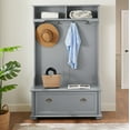 thumbnail image 1 of paproos Hall Tree, 4 in 1 Entryway Hall Tree Coat Rack with Open Shelves and Shoe Cabinets, Industrial Entryway Bench with Hooks for Hallway or Living Room, Gray, 1 of 10