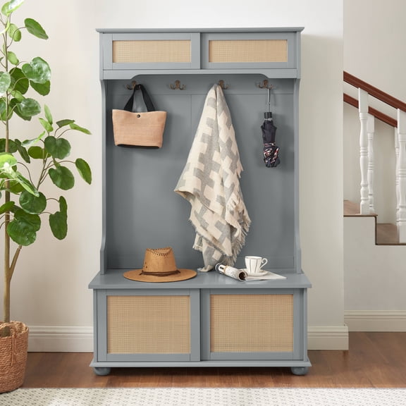 paproos Hall Tree, 4 in 1 Entryway Hall Tree Coat Rack with Rattan Door Shelves and Shoe Cabinets, Industrial Entryway Bench with Hooks for Hallway or Living Room, Gray