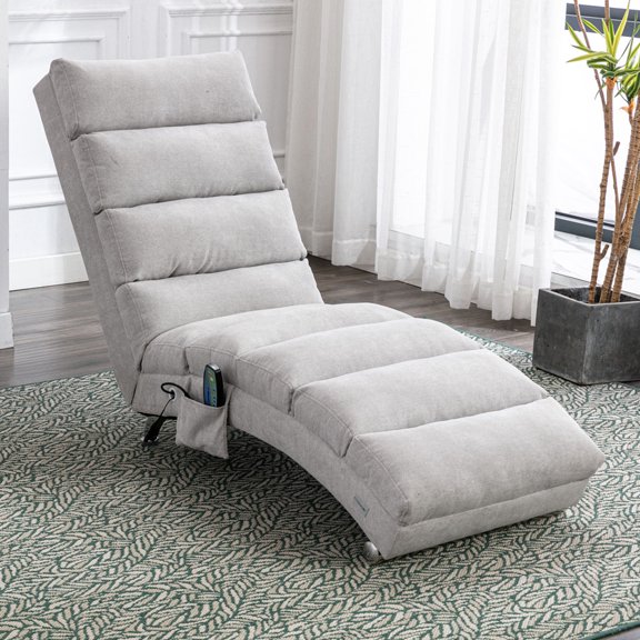 paproos Massage Chaise Lounge, Indoor Ergonomic Electric Massage Long Lounger with Remote Control, Modern Linen Upholstered Recliner Chair Sleeper Chair for Living Room Bedroom Office, Light Gray