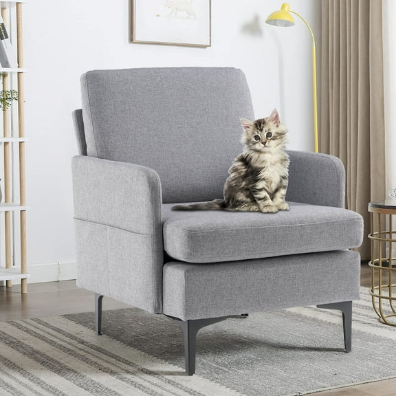 paproos Modern Accent Chair with Wood Legs, Velvet Upholstered Armchair, Club Leisure Modern Chair for Living Room Bedroom, Light Gray