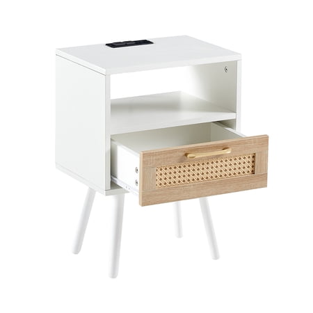 paproos Modern Bed Side Table with Power Outlet & USB Ports, Nightstand with a Drawer and One Shelf, Sofa Side Table for Bedroom, White