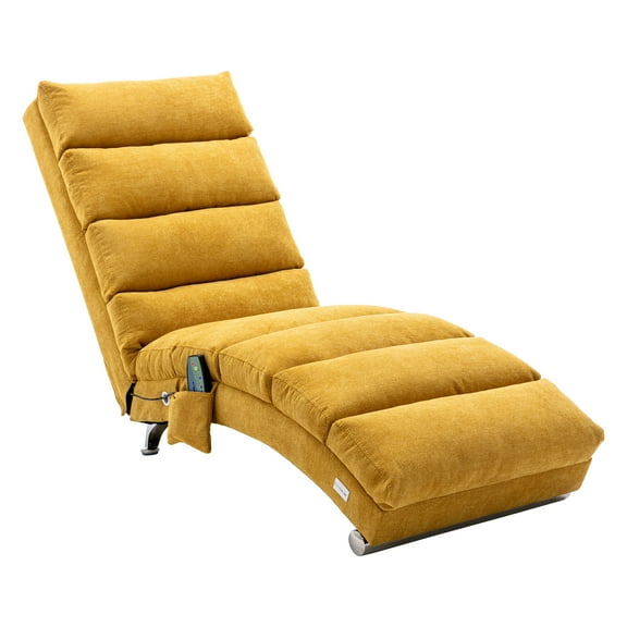 paproos Mustard Indoor Chaise Lounge with Massage, Modern Ergonomic Electric Massage Floor Lounger with Remote Control&Side Pocket, Upholstered Recliner Sleeper Chair for Living Room Bedroom Office
