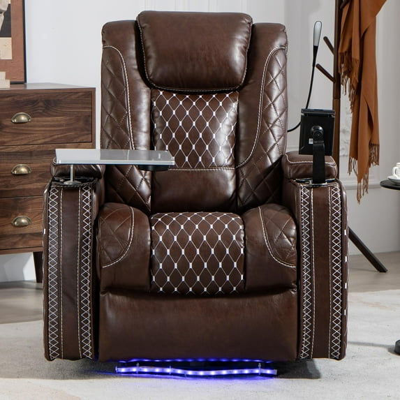 PAPROOS Zero Gravity Recliner Chair, Power Recliner with Laptop Table, Phone Holder, LED Reading Light, Storage Armrest and Cup Holder, Infinite Position Recliner for Living Room Office, Brown