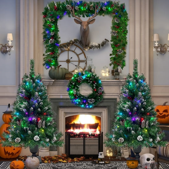 paproos Pre-lit Artificial Christmas 4 PCS Set, Garland, Wreath & Set of 2 Entrance Trees, 4 FT Christmas Trees, 9FT Garlands, 20" Diameter Wreath, Artificial Christmas Set w/ PVC Tip, Dark Green