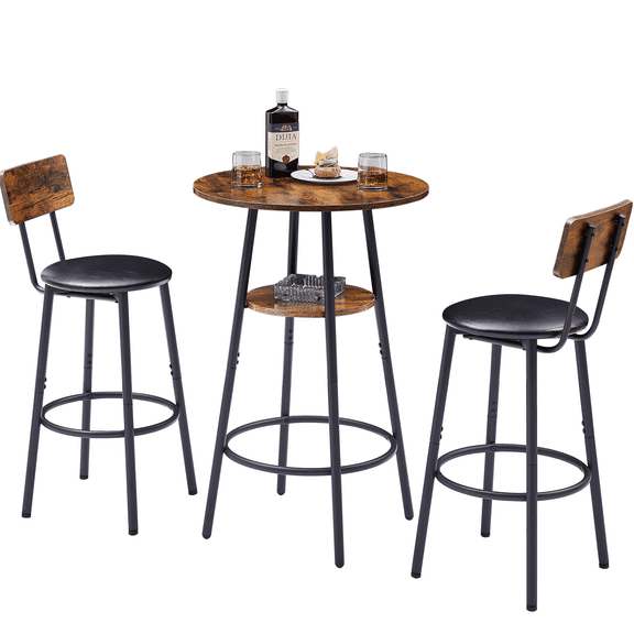 PAPROOS Round Bar Table Set for 2, 3 Pcs Pub Bistro Table and PU Upholstered Stools with Backrest, Industrial Counter Height Dining Table and Chairs for Kitchen Breakfast Nook Balcony, Brown