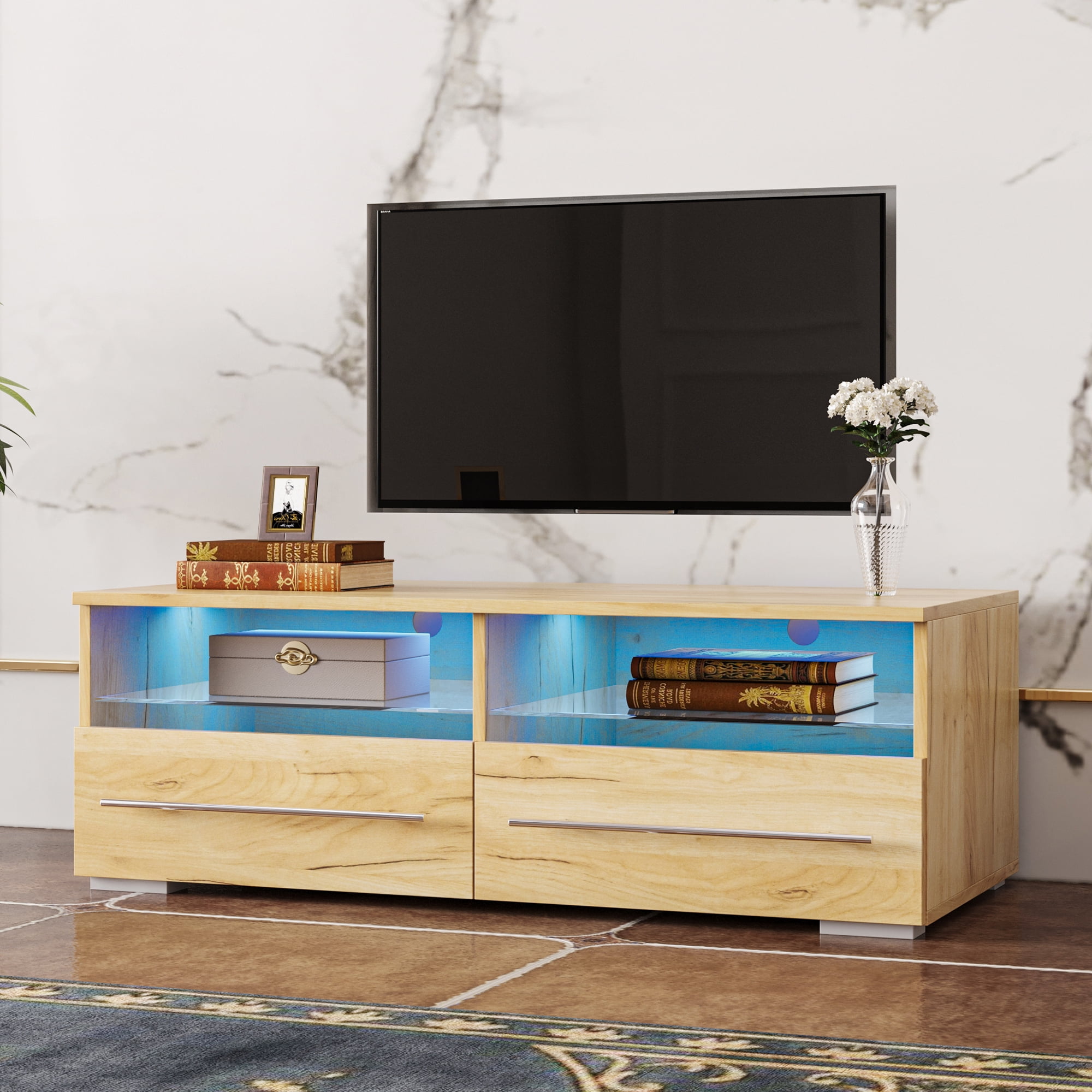 paproos Small TV Stand for 32 to 43 Inch TV Farmhouse TV Console Table with 16 Colors LED Light Remote and 2 Storage Drawers Entertainment Center Heavy Duty TV Cabinet for Bedroom