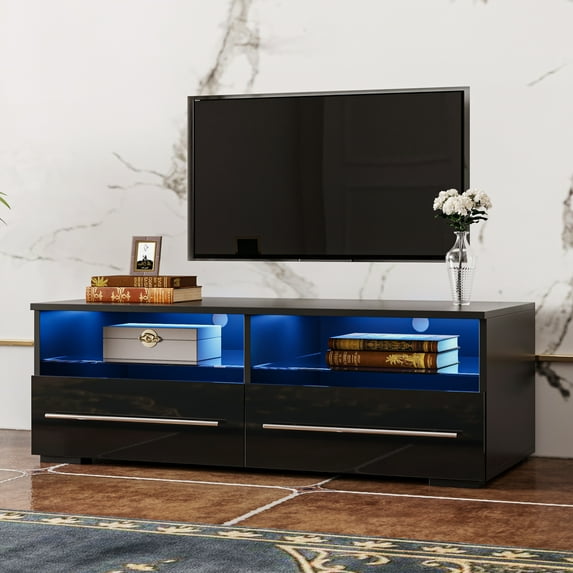 paproos Small TV Stand for 32 to 43 Inch TV, Modern TV Console Table with 16 Colors LED Light, Remote and 2 Storage Drawers, Entertainment Center, Heavy Duty TV Cabinet for Bedroom Living Room, Black