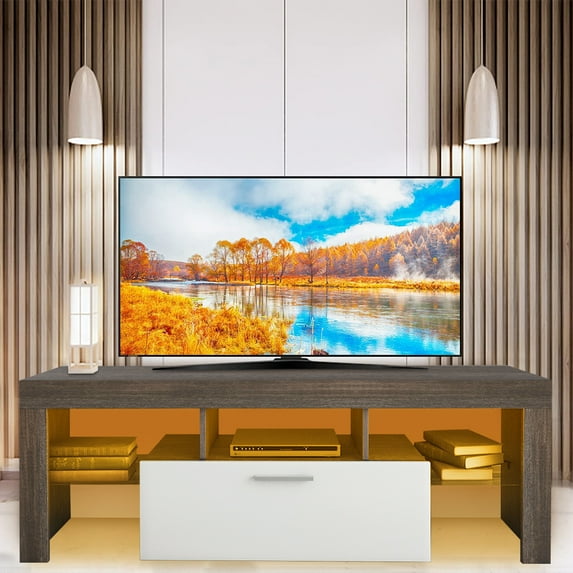 paproos TV Stand with 16 RGB LED Light for 55 Inch TV, Farmhouse TV stand with Ample Storage Space, TV Cabinet for Living Room, 20 Minutes Quick Assembly