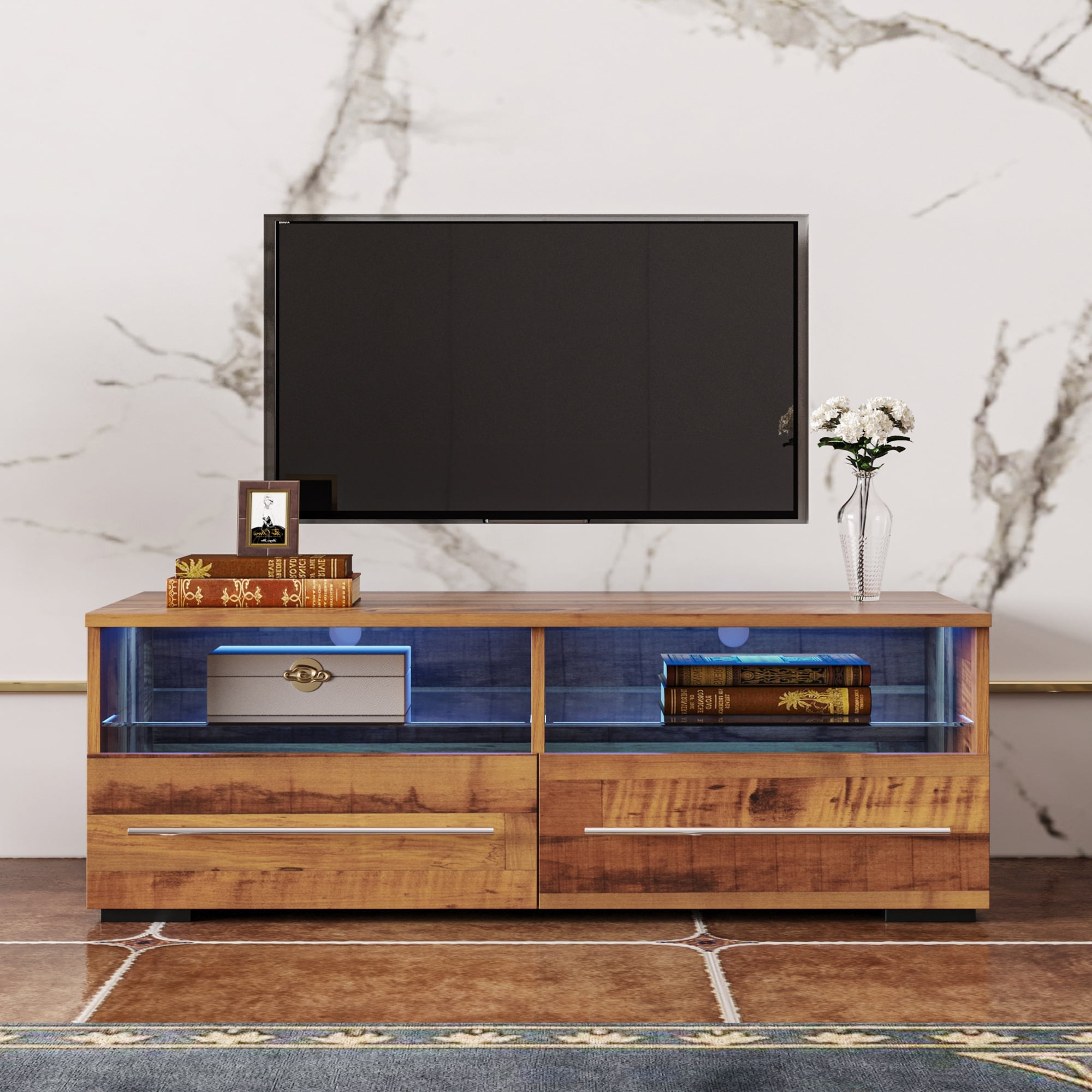 paproos TV Stand for 43 Inch TV, Walnut TV with 16 Colors LED Light and Remote, Modern