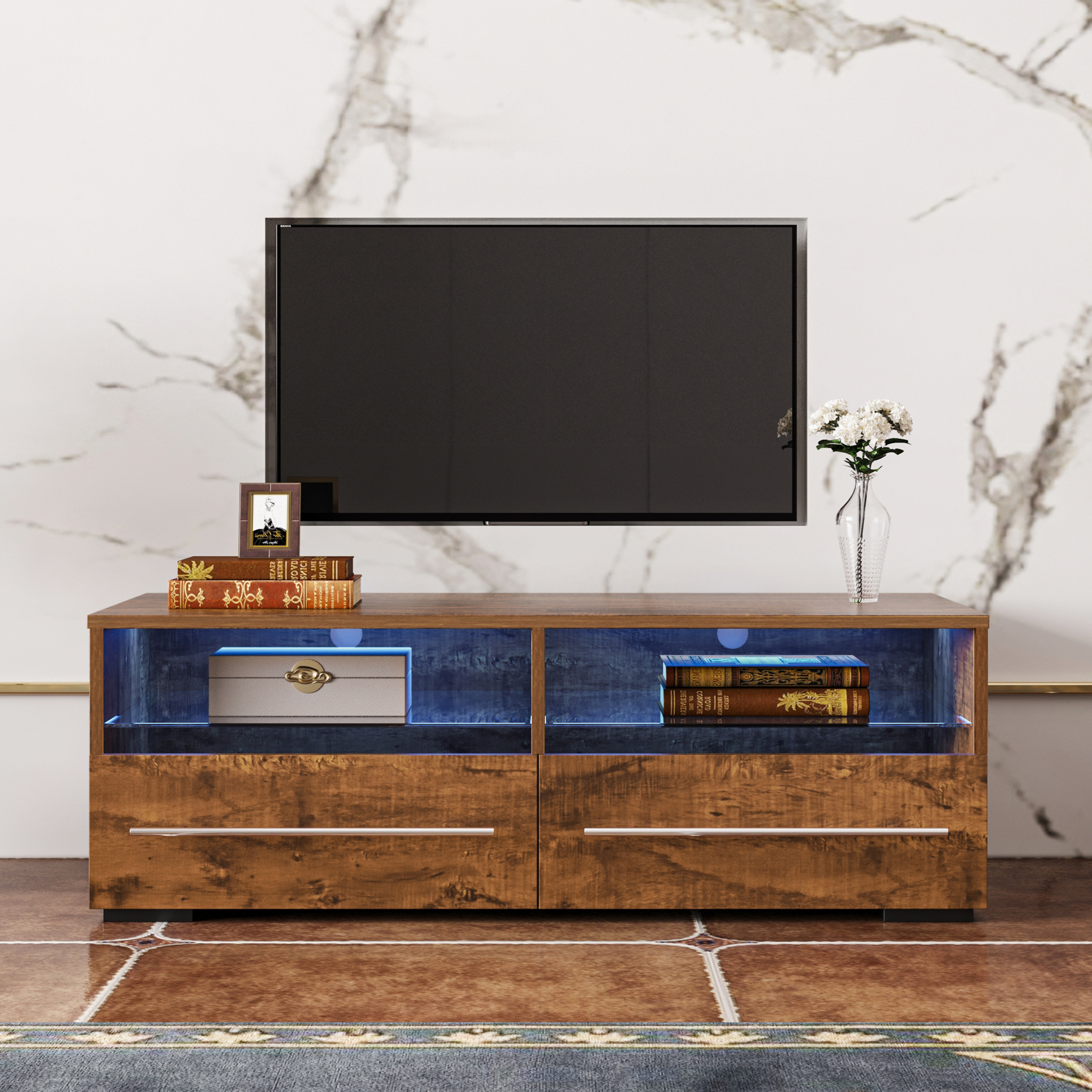 paproos TV Stand for 43 Inch TV, Walnut TV with 16 Colors LED