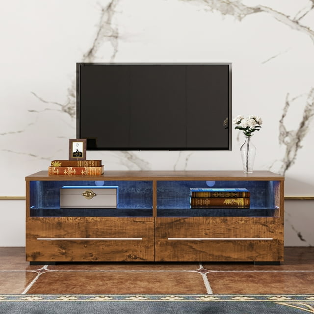 paproos TV Stand for 43 Inch TV, Walnut TV with 16 Colors LED