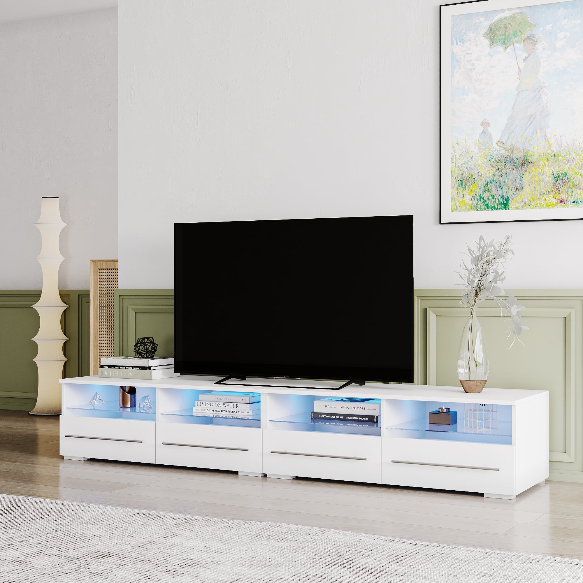 paproos TV Stand for 75 Inch TV, Modern TV with 16 Colors LED