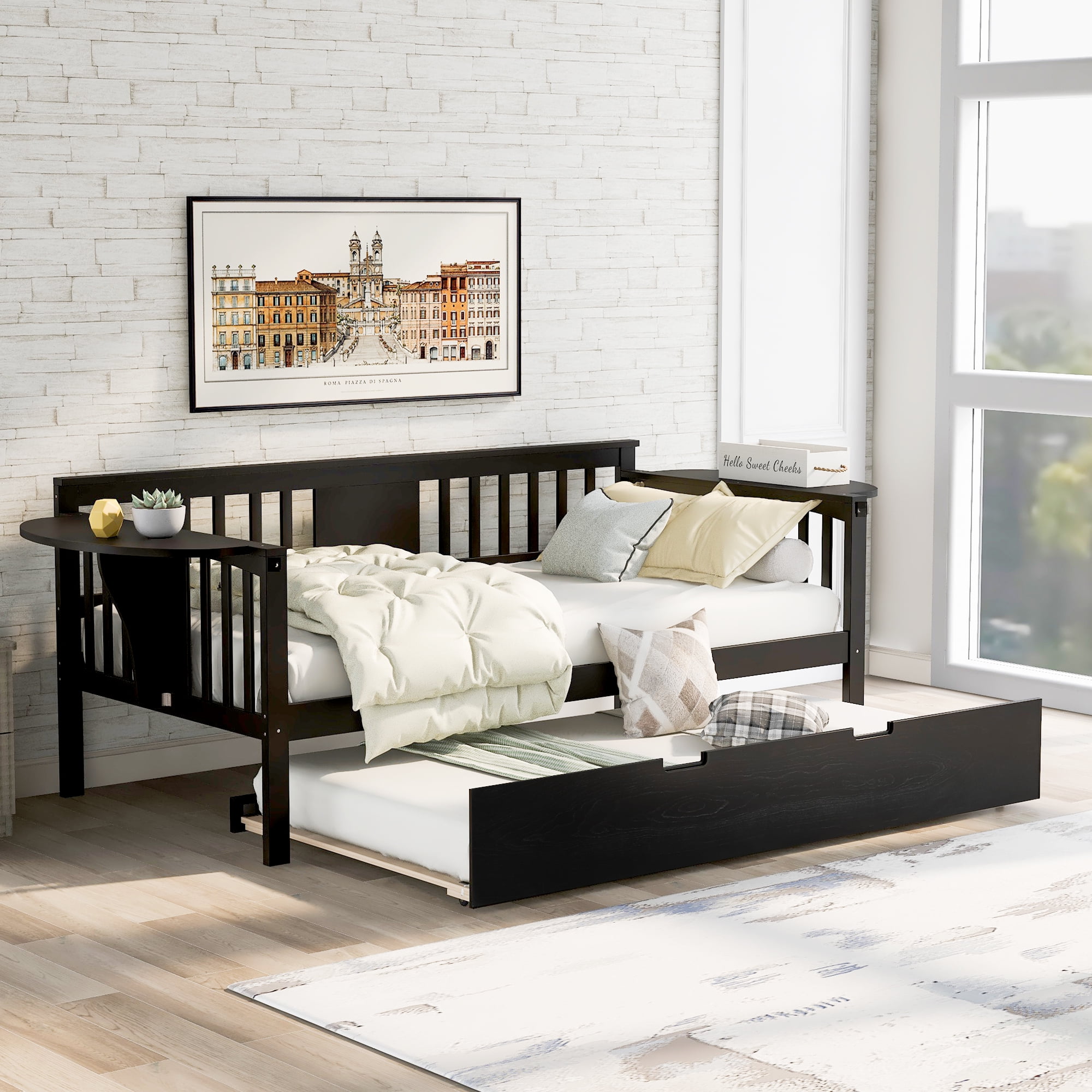 paproos Twin Daybed with Trundle Included, Modern Wood Daybed Frame